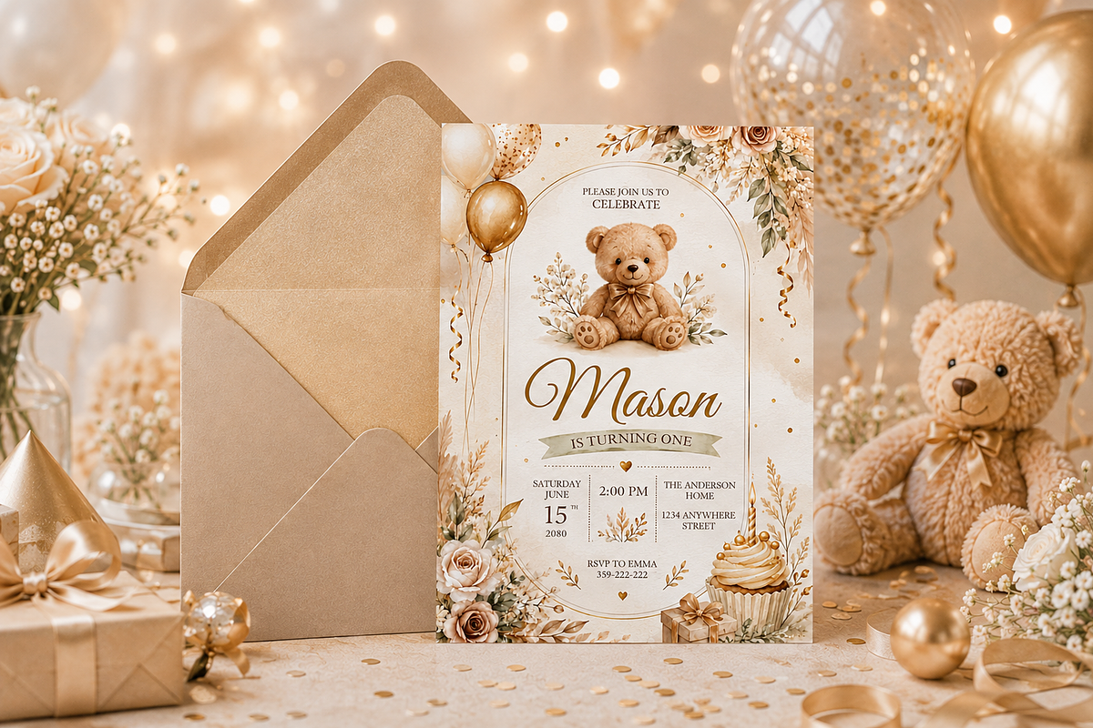 Teddy Bear First Birthday Invitation, an Invitation Template by S Graphic Studio (Photo 8 of 10)