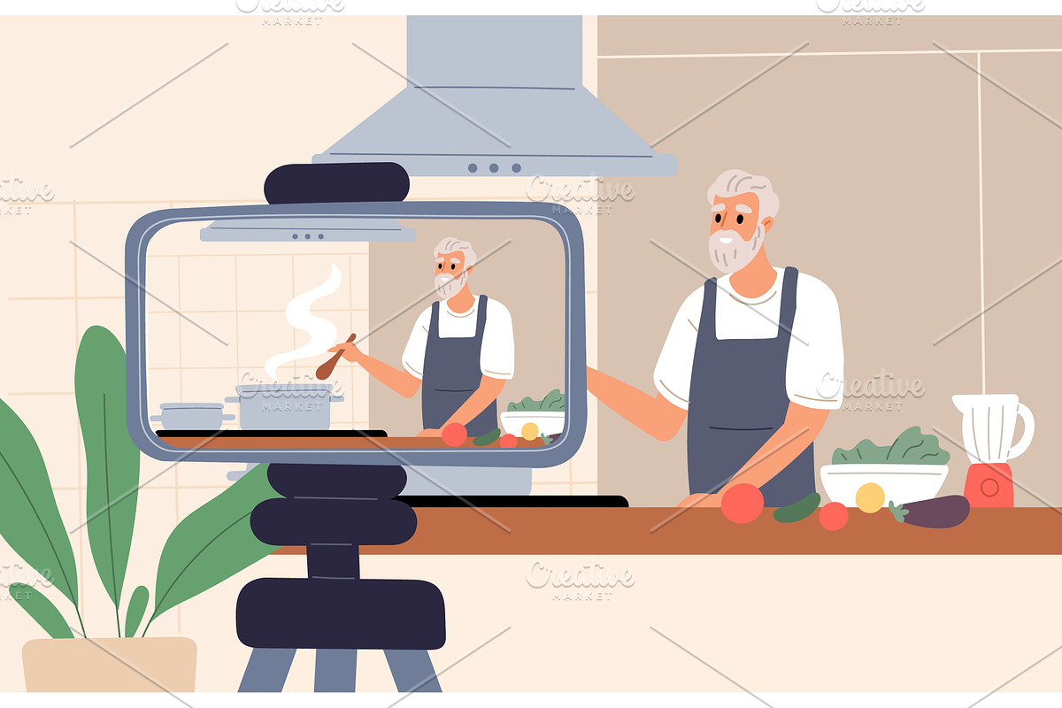Elderly man in apron prepares food, a Food Illustration by Vectorbuum