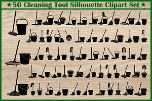 50 Cleaning Tool Silhouette Set, an Illustration by BIPLOB EXPERT