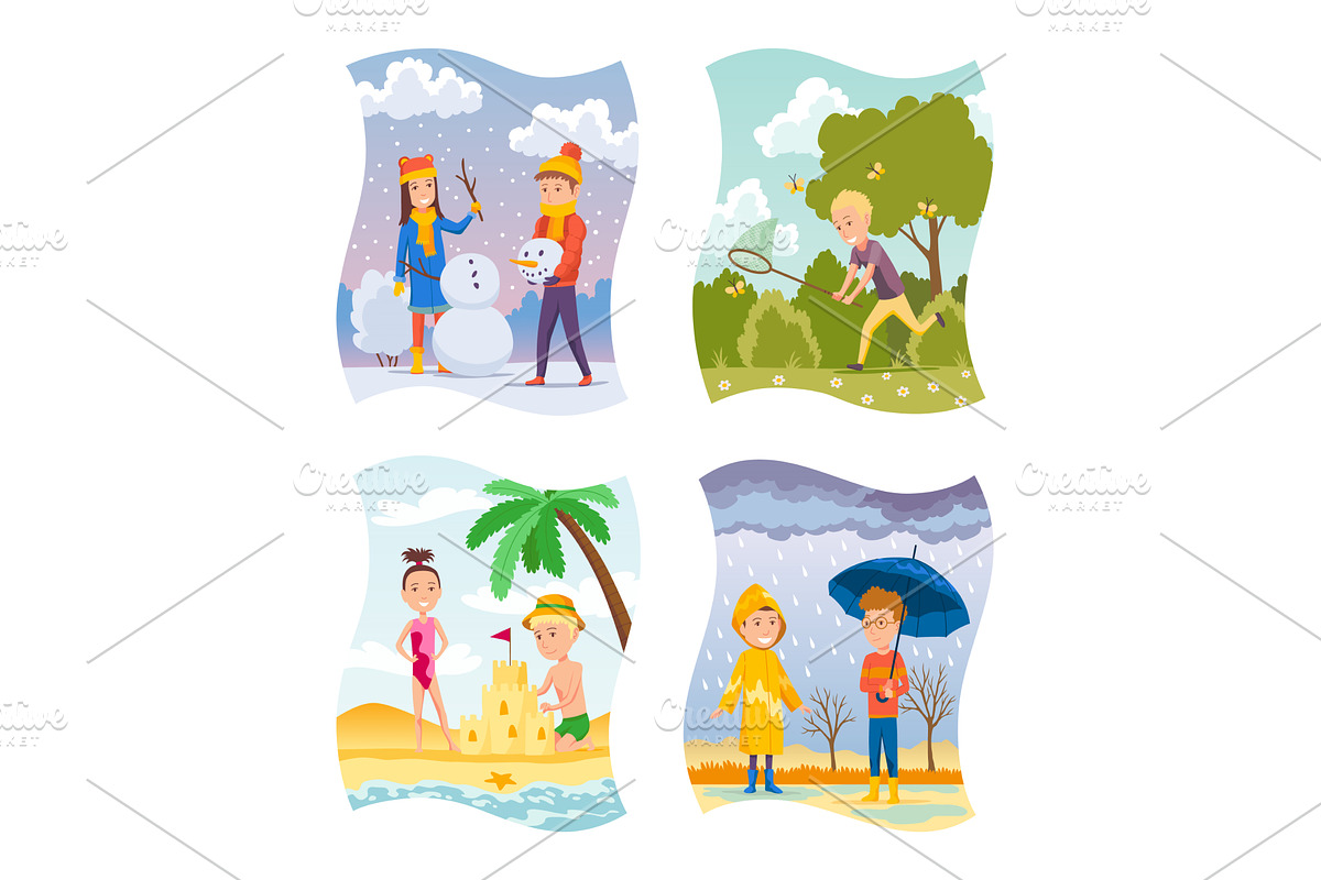 Kids in four seasons set: winter, an Object Illustration by the8monkey