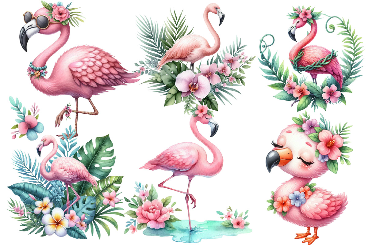 Watercolor Flamingo Clipart Tropical, an Illustration by Designworld (Photo 2 of 6)