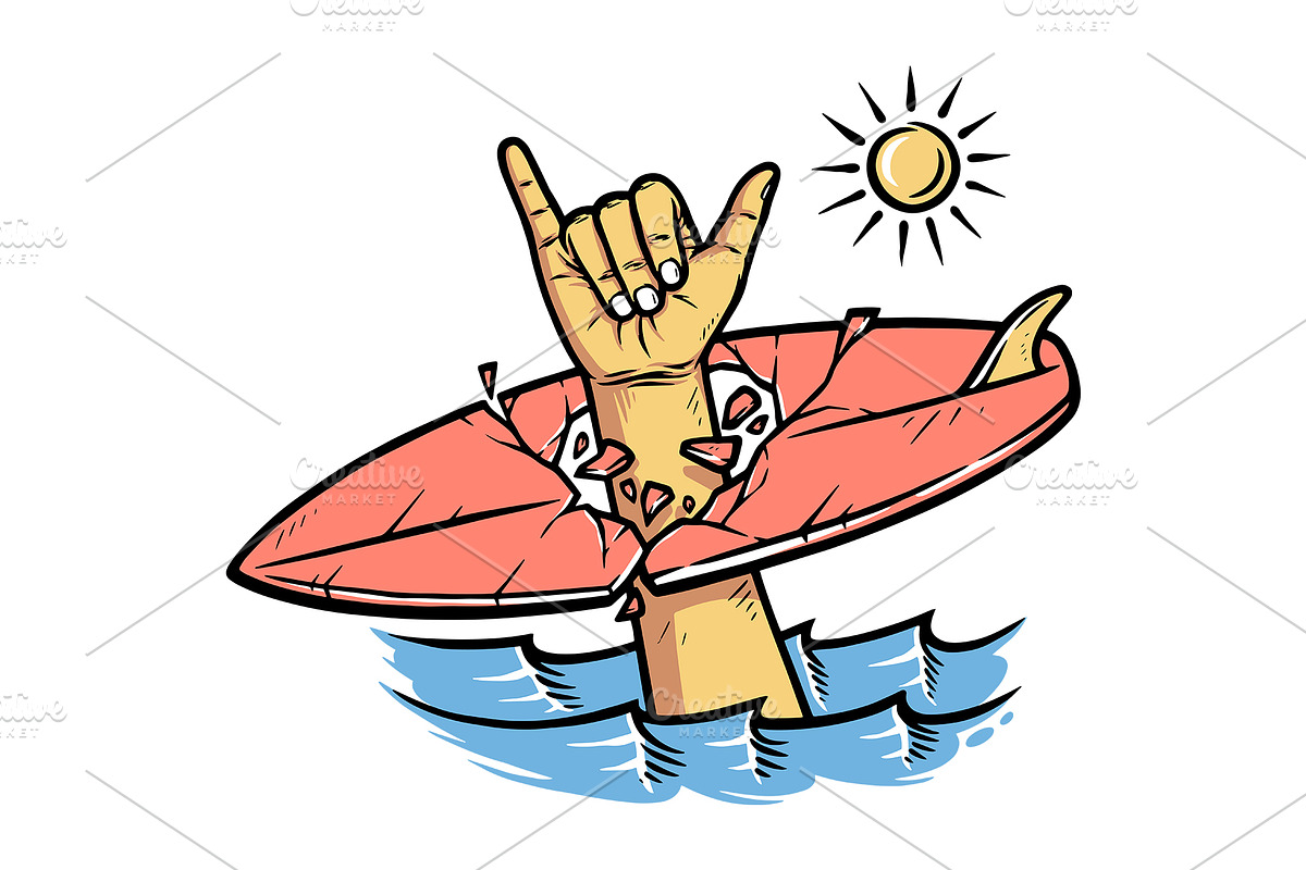 shaka hand and surfboard in the sea, a Sport Illustration by gunaonedesign (Photo 1 of 3)