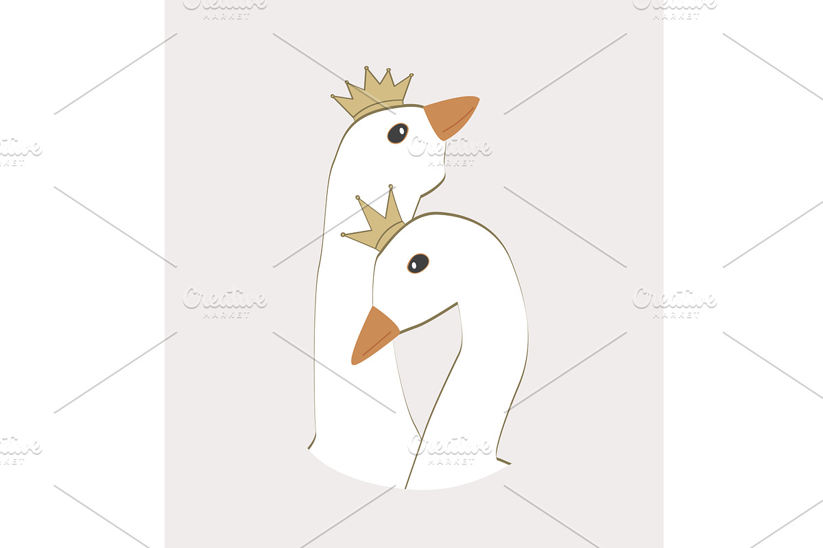 Goose Hugs couple in golden crowns, an Animal Illustration by Toltemara