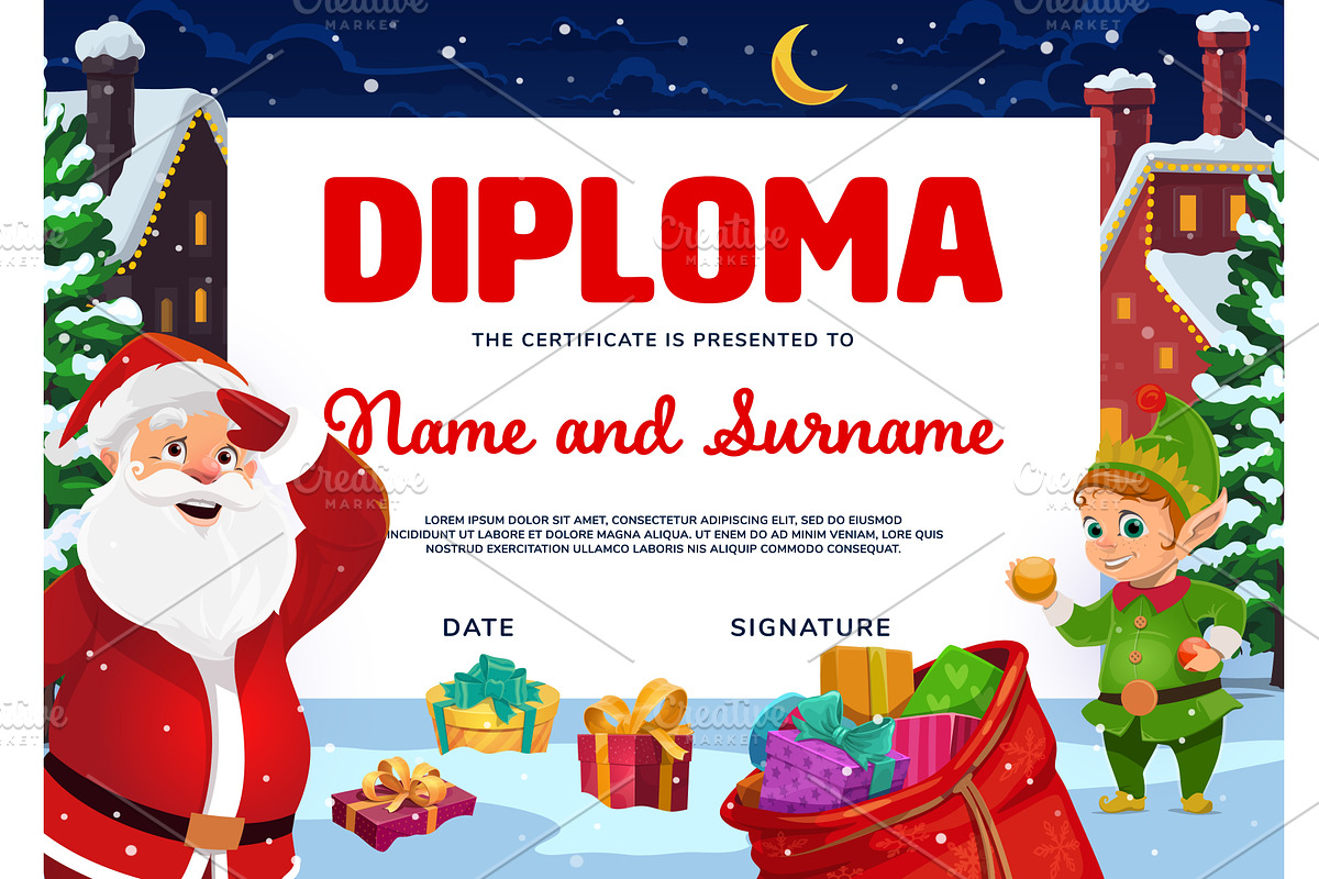 Kids Christmas diploma with Santa, a Seasonal Illustration by Vector Tradition