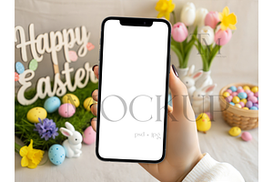 Easter Phone Screen Mockup in Hand, a Product Mockup by TatiMockup