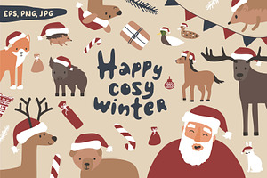 Cartoon Christmas animals and Santa