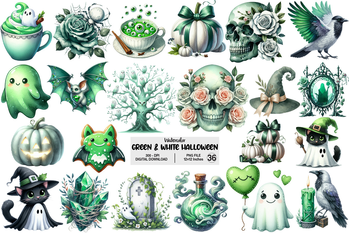 Green & White Halloween Clipart, an Illustration by Pixels.Craft (Photo 1 of 8)