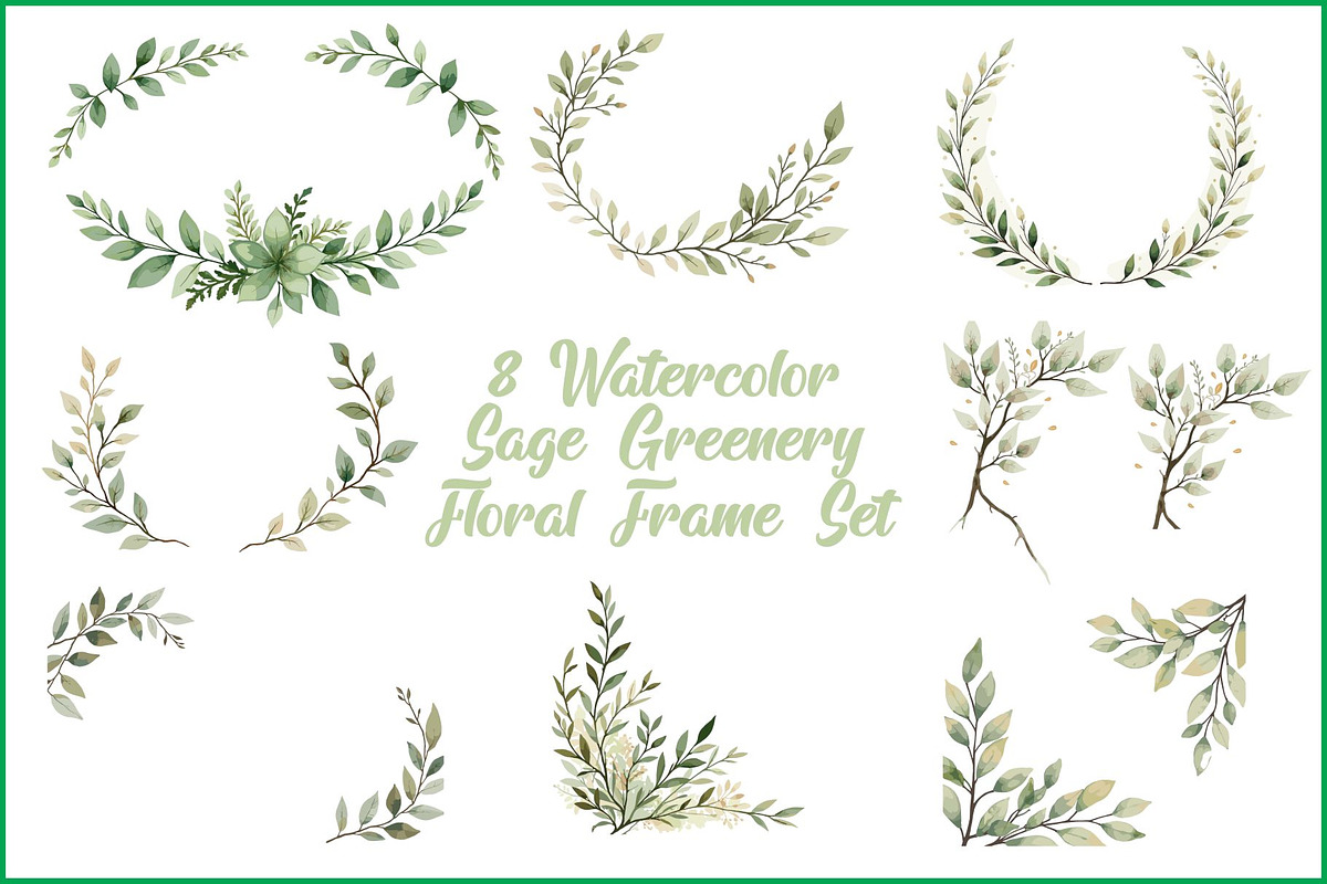 Sage Greenery Watercolor Frame Set, an Illustration by hafijul (Photo 1 of 10)