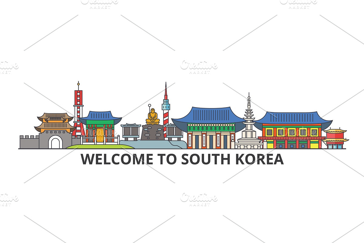 South Korea outline skyline, korean flat thin line icons, landmarks, illustrations. South Korea cityscape, korean travel city vector banner. Urban silhouette, a Work Illustration by urban icon