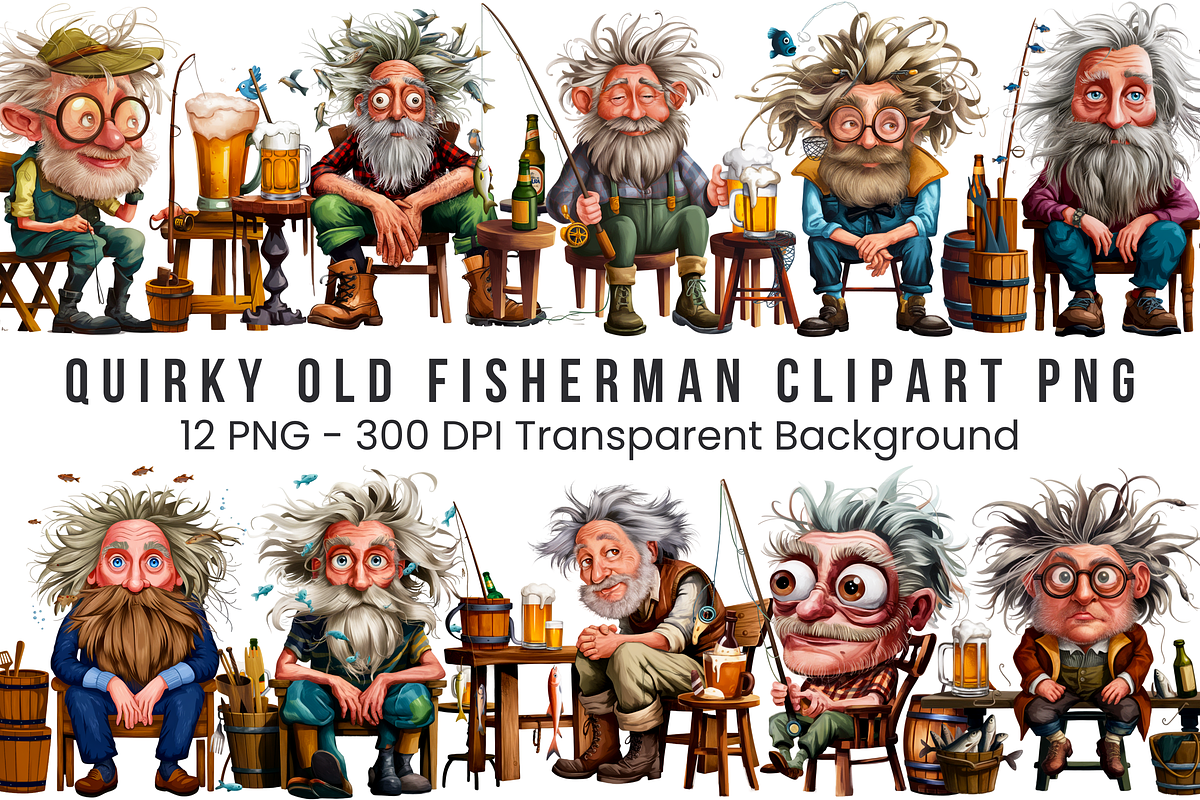 Quirky Old Fisherman Clipart PNG, a Graphic by Clipart Bloom (Photo 1 of 13)