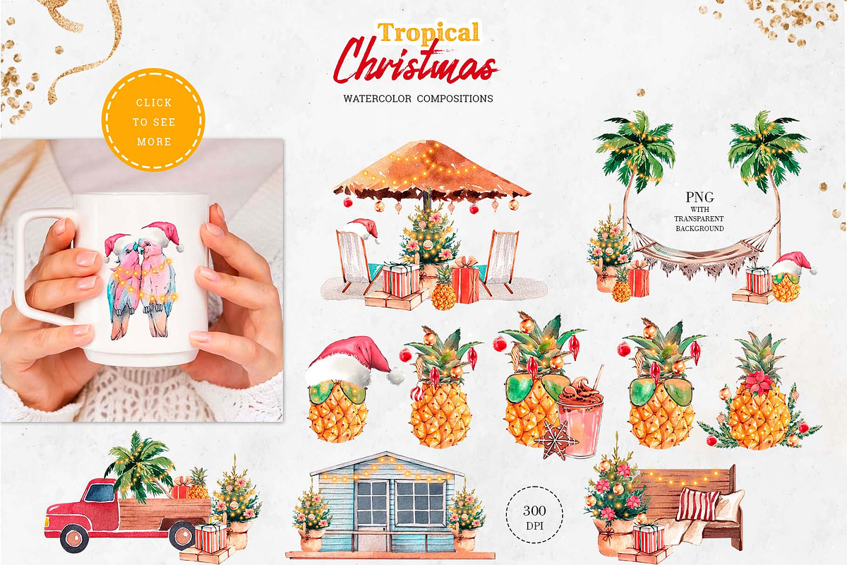 Watercolor Tropical Christmas set, a Seasonal Illustration by VerAna (Photo 2 of 19)