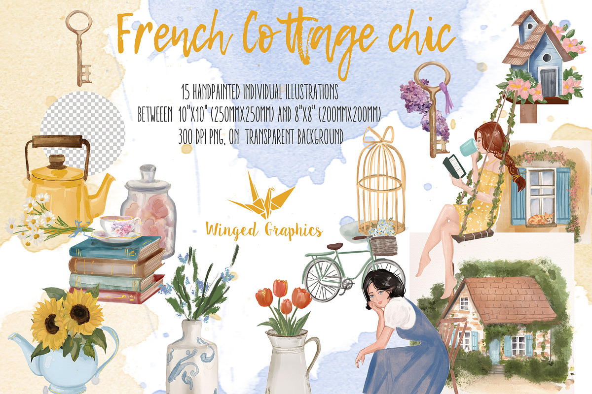 French Cottage Chic Watercolor set, an Object Illustration by Winged Graphics (Photo 1 of 4)