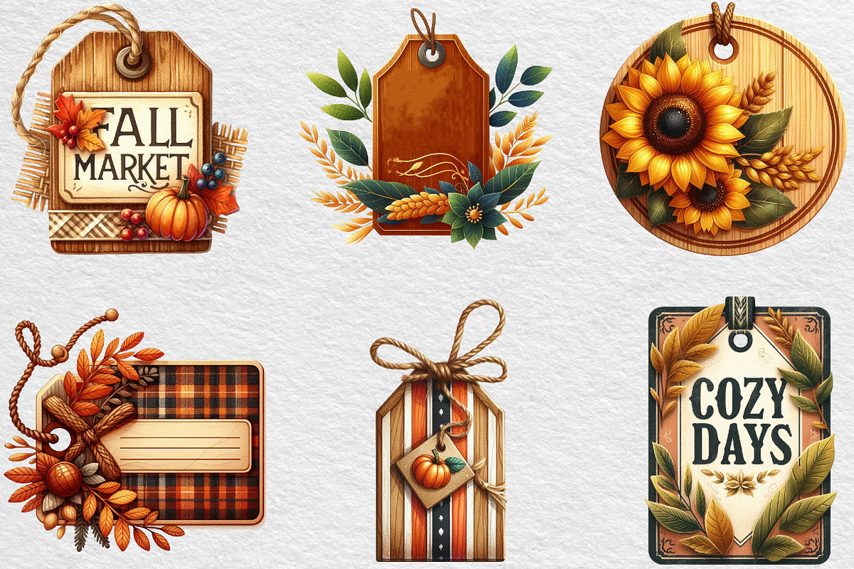 Vintage Wooden Autumn Tags Clipart, an Illustration by Black Bird Studio (Photo 2 of 6)