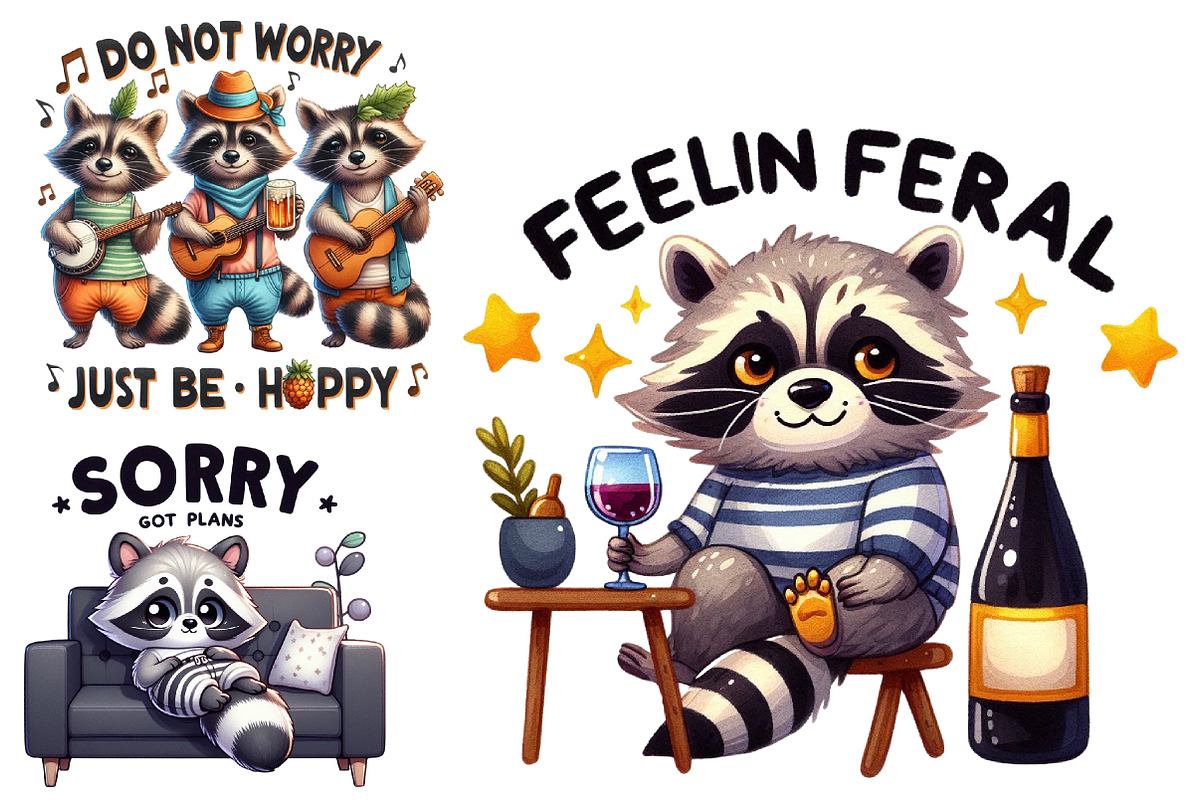 Funny Raccoon PNG Bundle Sublimation, an Illustration by Designworld (Photo 6 of 7)