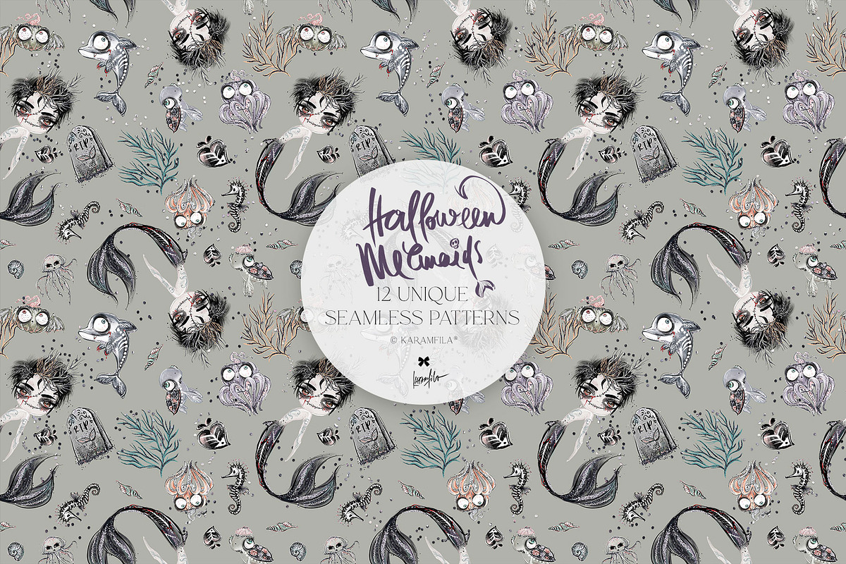 Halloween Mermaids Spooky Patterns, a Pattern Graphic by KaramfilaS (Photo 2 of 19)
