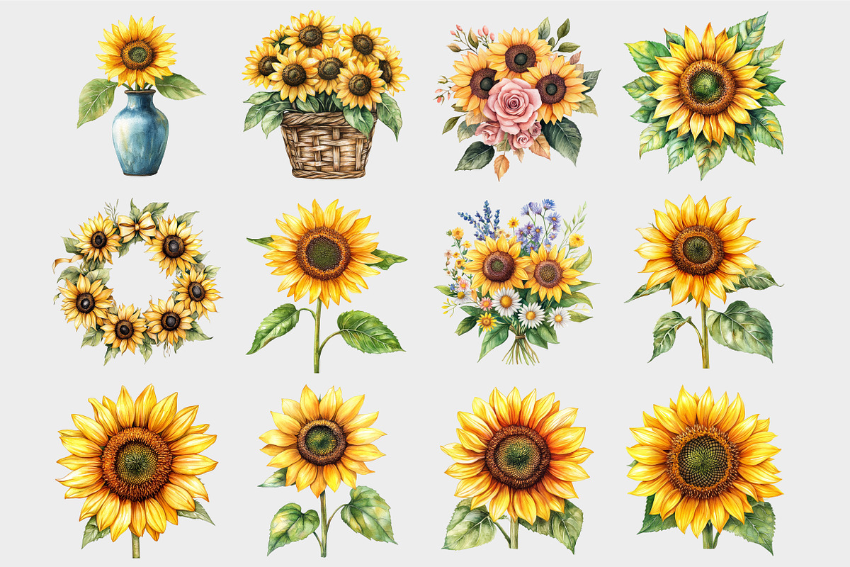 Watercolor Sunflower Clipart, a Seasonal Illustration by Design Market (Photo 5 of 5)