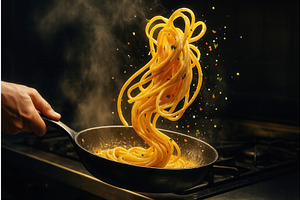 A chef expertly tosses steaming, a Food Illustration by Sergey Kotenev