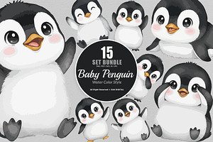 15 Bundle Watercolor Baby Penguin, an Animal Illustration by Morspective