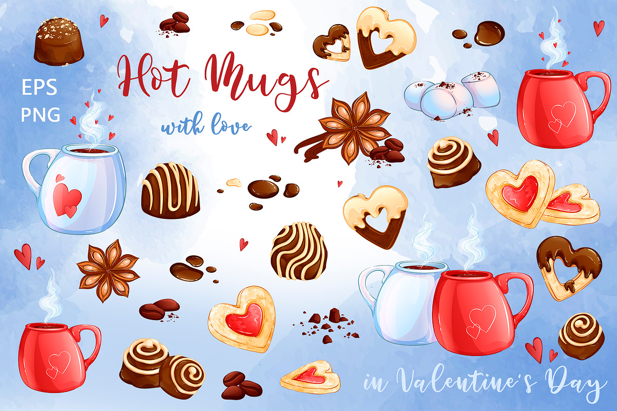 Hot Mugs. Valentine's day clipart, a Food Illustration by Maycat_store (Photo 2 of 6)