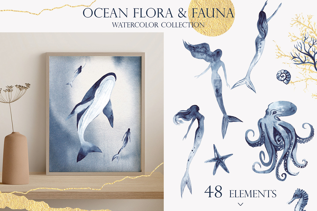 Ocean Watercolor & Gold Collection, a Decorative Illustration by InstaDesignPro (Photo 7 of 13)