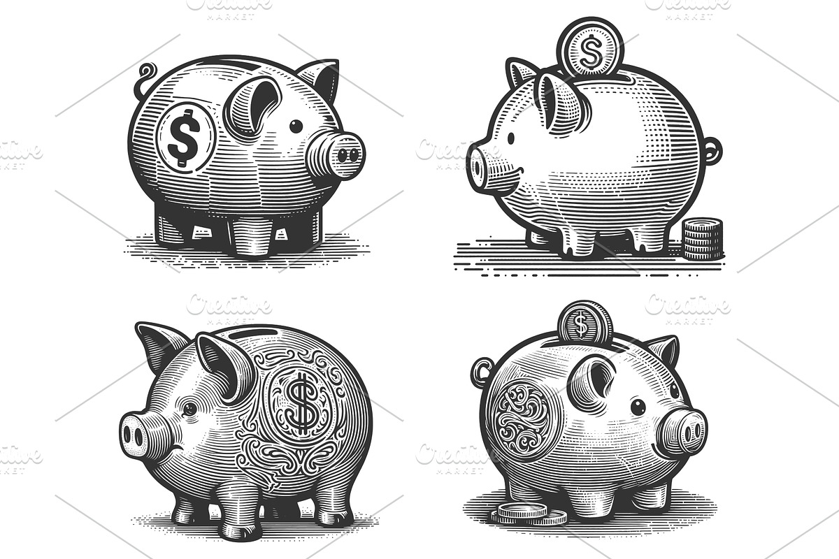 Piggy Bank with Coins and Dollar, a Finance Illustration by AlexArt