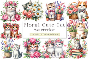 Floral Cute Cat Clipart Bundle, an Illustration by DreamArtGraphic