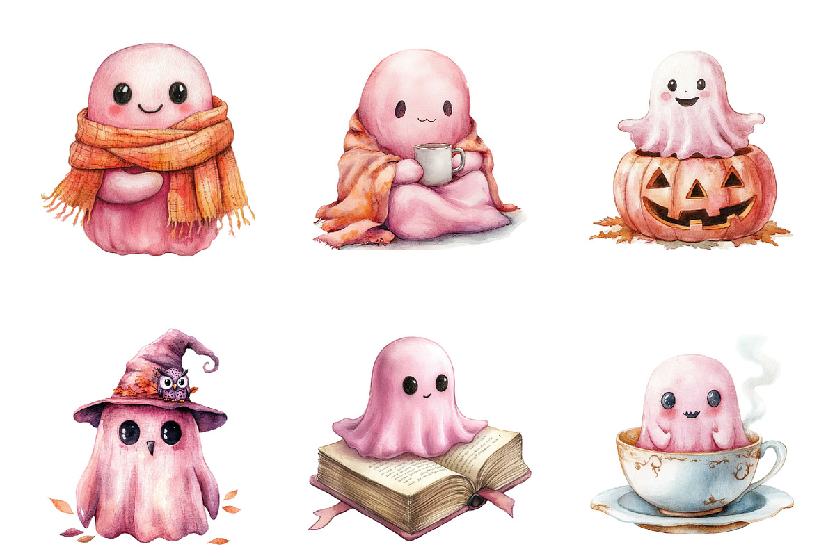 Watercolor Cute Pink Ghost Clipart, an Illustration by SinaCreation (Photo 3 of 5)