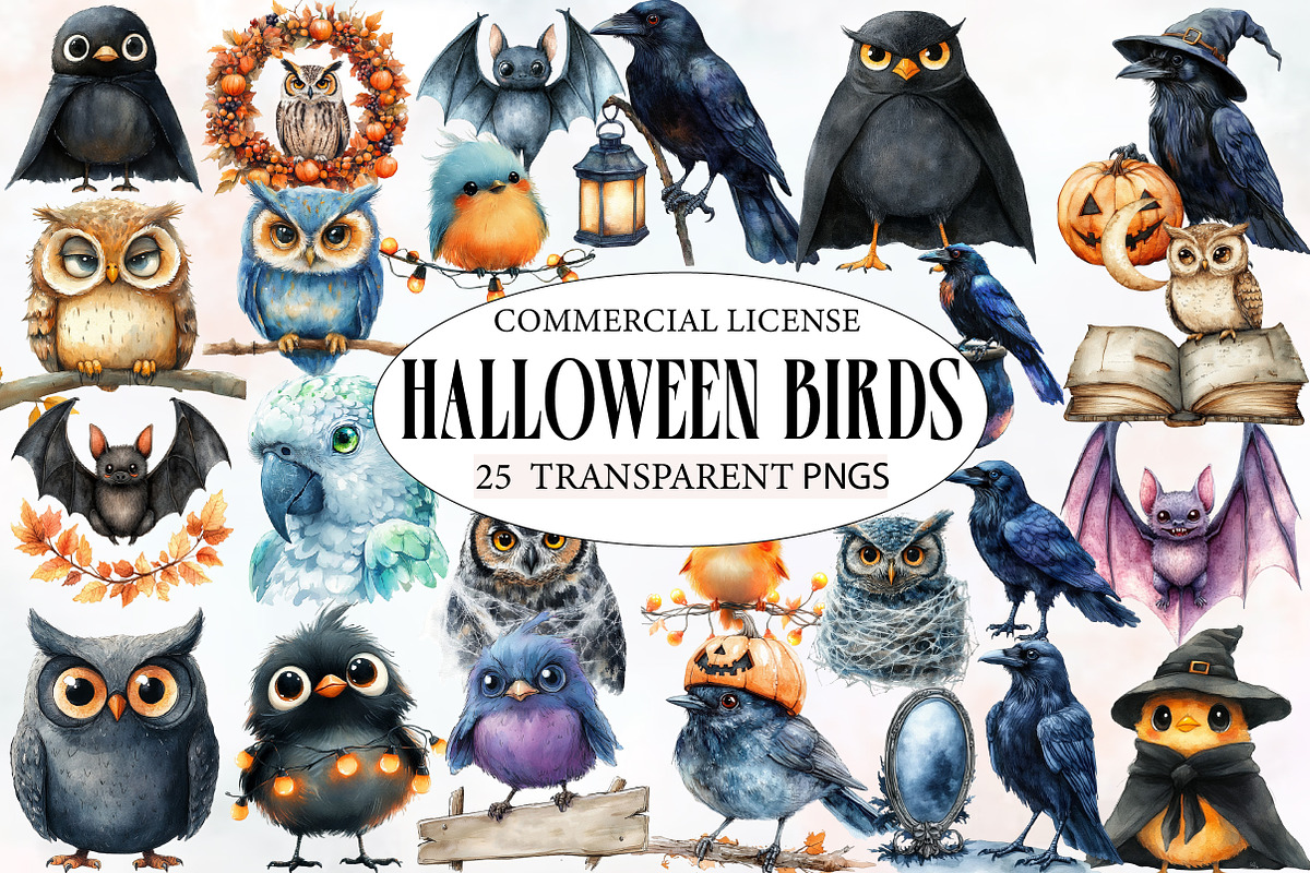 Watercolor Halloween Birds Clipart, an Illustration by Designworld (Photo 1 of 6)