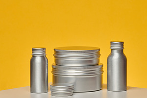 Aluminum jars and bottles for cosmetics and care. Minimalistic p, a Beauty & Fashion Photo by ndanko