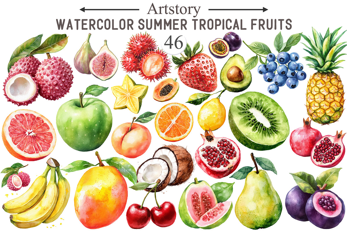 Watercolor Tropical Fruits Summer, an Illustration by designcity5 (Photo 1 of 5)