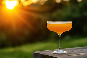 Beautifully crafted cocktail resting on a wooden table at sunset, a Food & Drink Photo by AlyaAnd