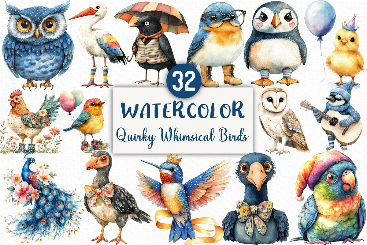 Watercolor Quirky Whimsical Birds, an Illustration by Craft Nest (Photo 1 of 6)