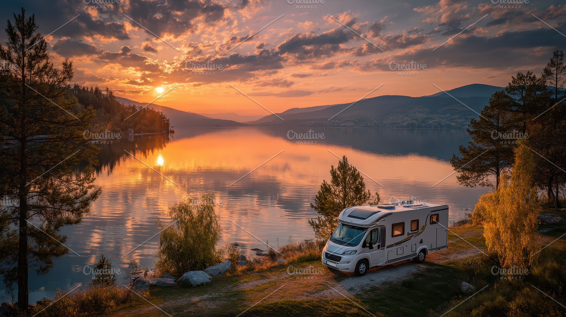 Campervan sunset lake serene nature, a Photo by Pixeness Studio