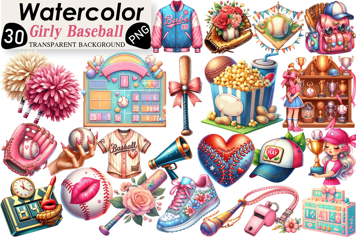 Retro Girly Baseball Clipart Sublima, an Illustration by Black Bird Studio (Photo 1 of 6)