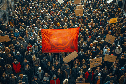 Large crowd of diverse people protesting with vibrant banners, a Photo by AS photostudio