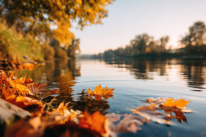 Autumn leaves float serenely on the surface of calm water near a quiet riversid, a Photo by AlyaAnd