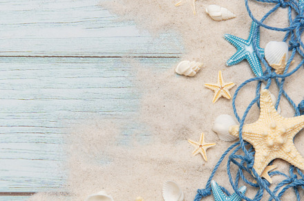 Fishing net, seashells and starfishes creating summer holiday bo