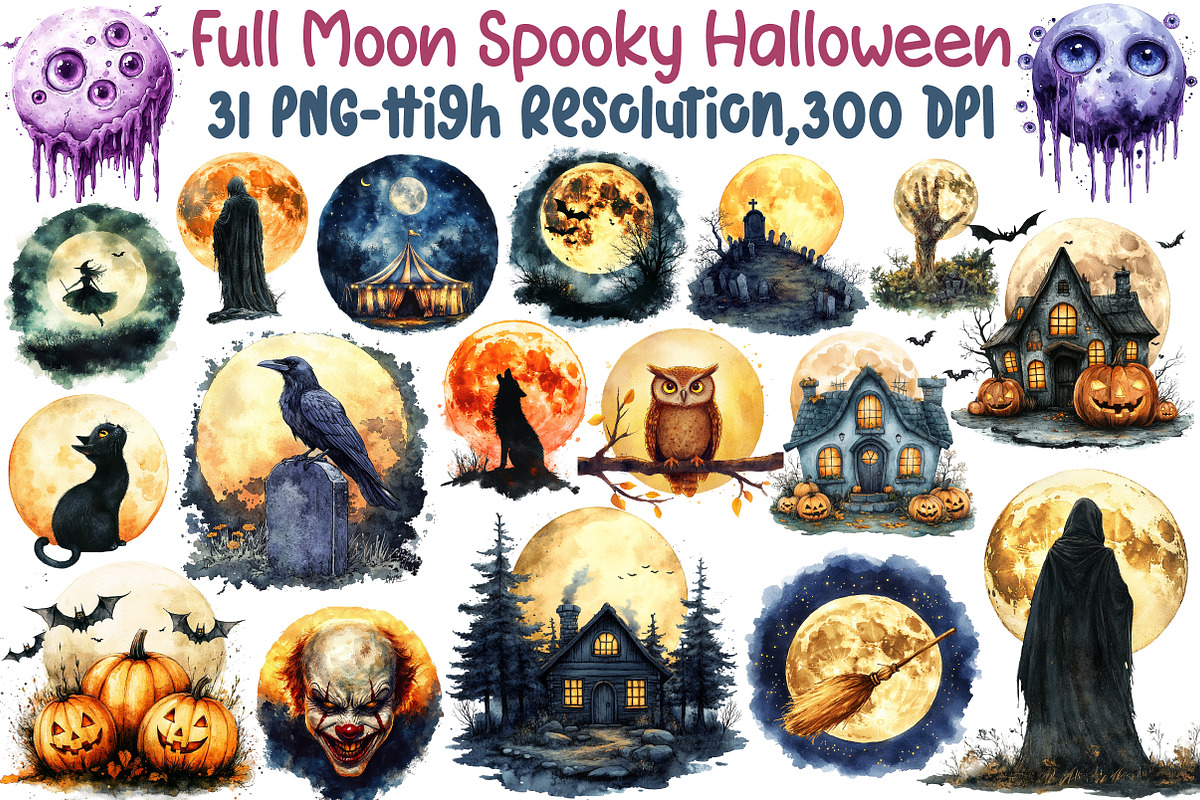 Full Moon Spooky Halloween Clipart S, an Illustration by Sublimation Artist (Photo 1 of 6)