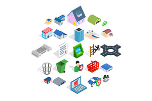 Town Hall Icons Set, Isometric Style