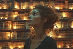 A thoughtful young woman gazes upward in a cozy, softly lit library filled with, a Person Photo by ImageMir