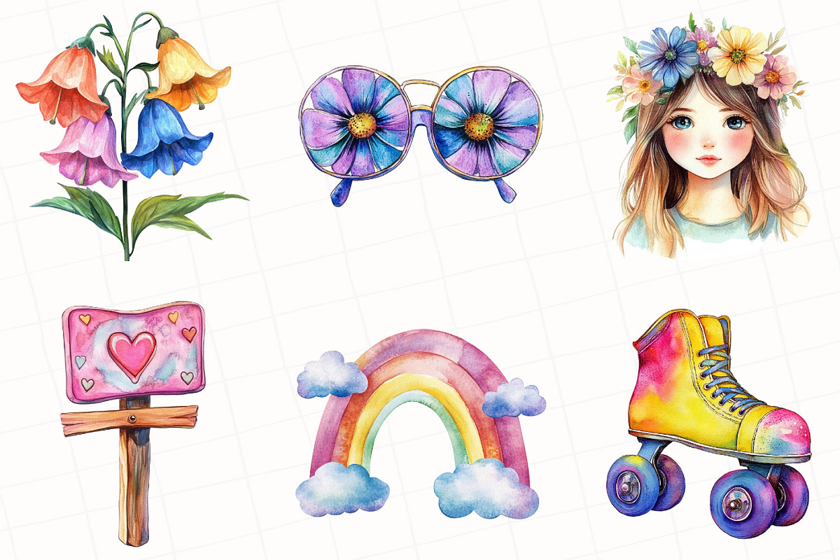 Kawaii 60s Groovy Watercolor Clipart, an Illustration by OK Design (Photo 2 of 5)