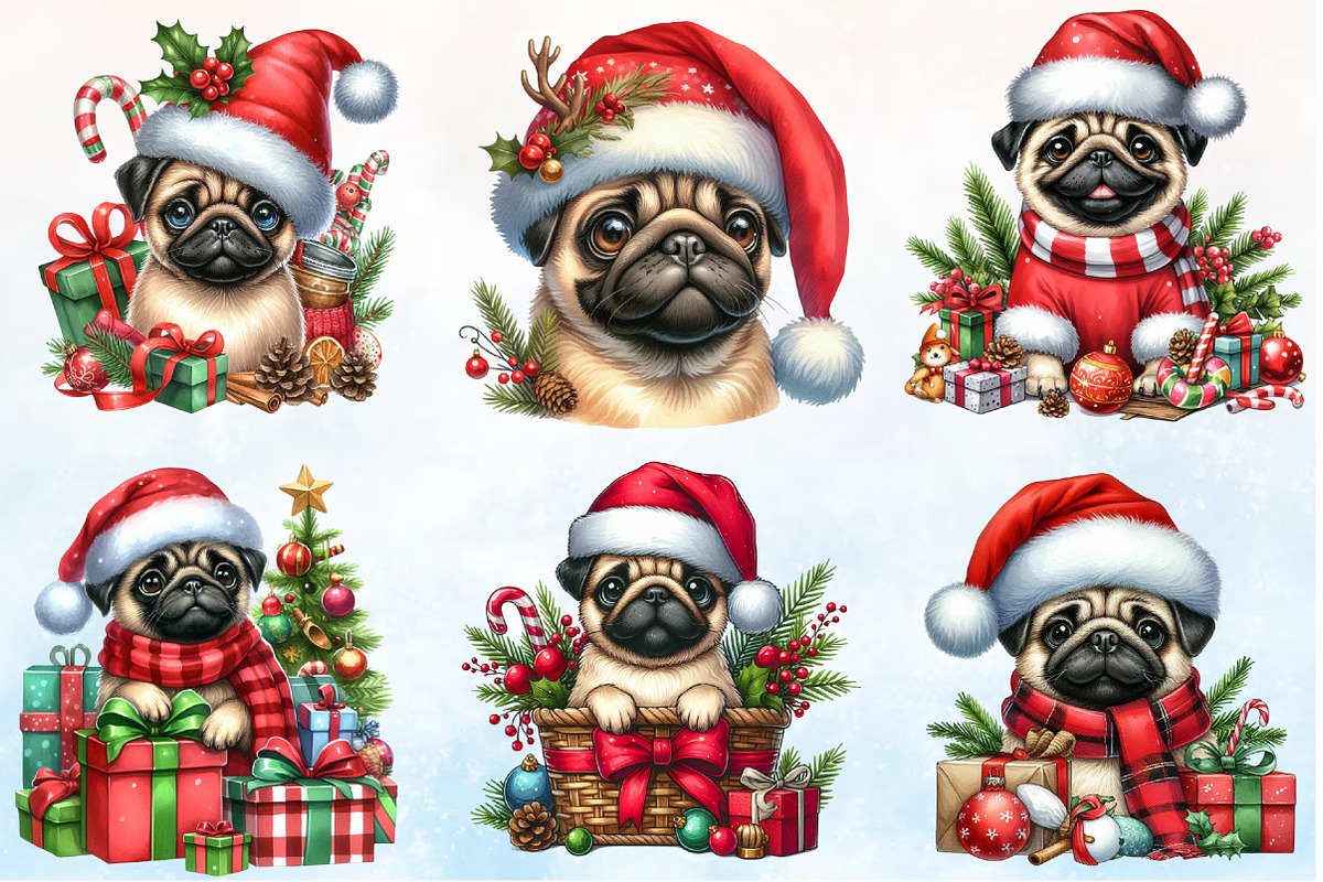 Christmas Pug Dog Clipart Bundle, a Seasonal Illustration by Rose Art (Photo 2 of 5)