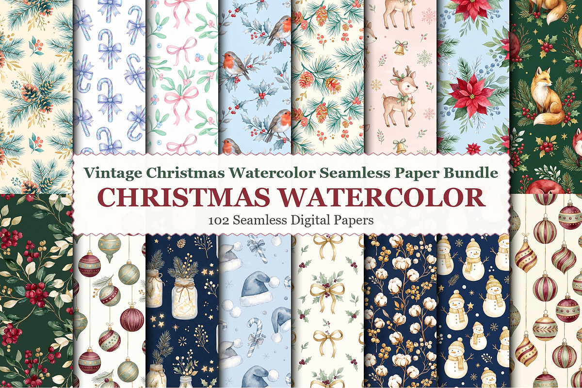 Christmas Watercolor Seamless Papers, a Pattern Graphic by XPERTDESIGNER (Photo 1 of 12)