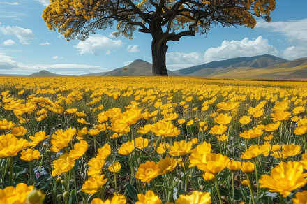 Majestic Solitary Tree in a Vibrant Yellow Blossoming Field Under a Clear Blue, a Photo by AS photostudio
