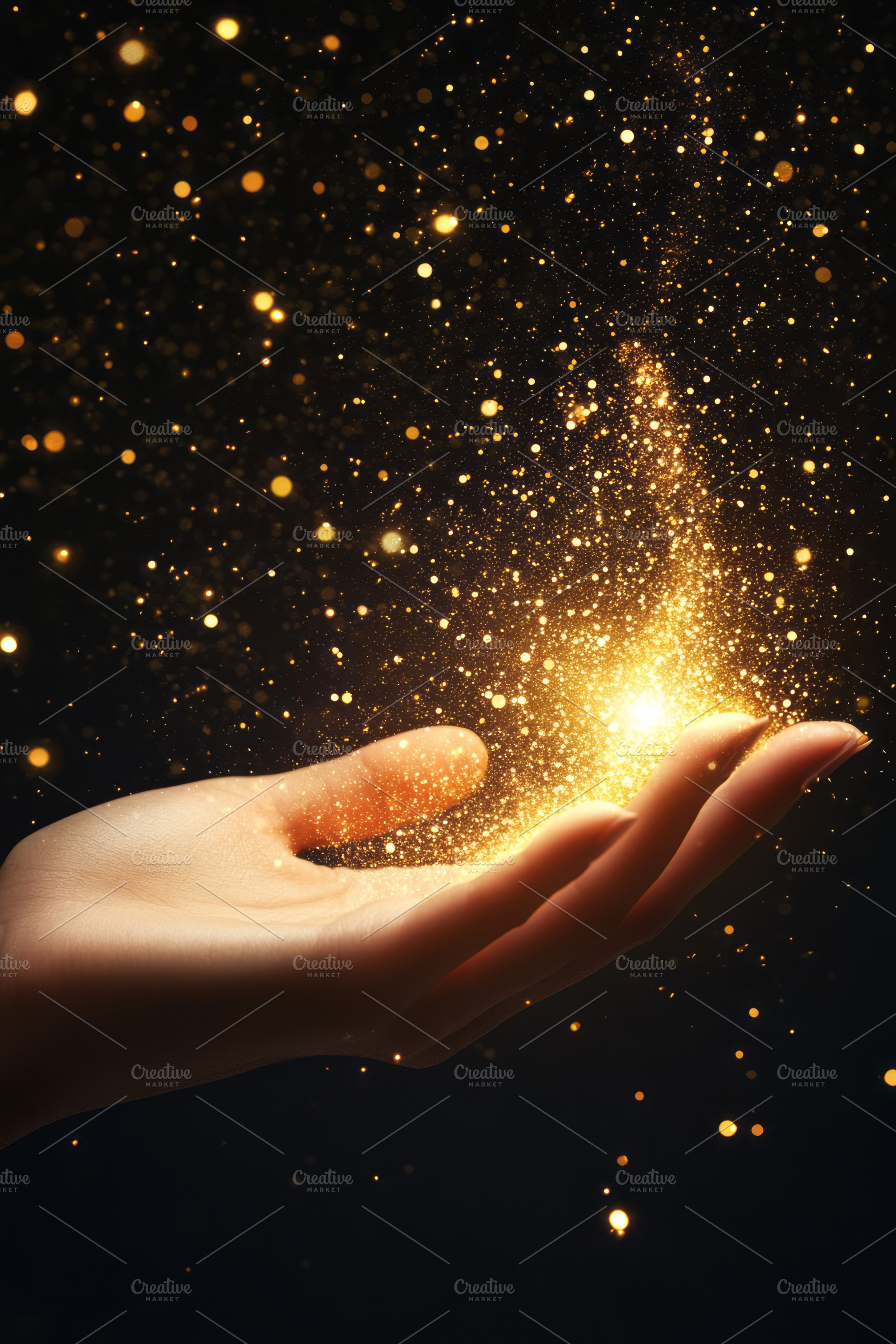 A human hand releasing a shower of shimmering golden particles against a dark b, a Background Photo by ImageMir