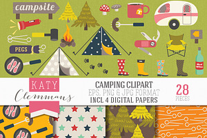 Camping clip art pack with papers