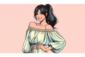 Smiling Woman Off-Shoulder Dress, a Person Illustration by AlexArt
