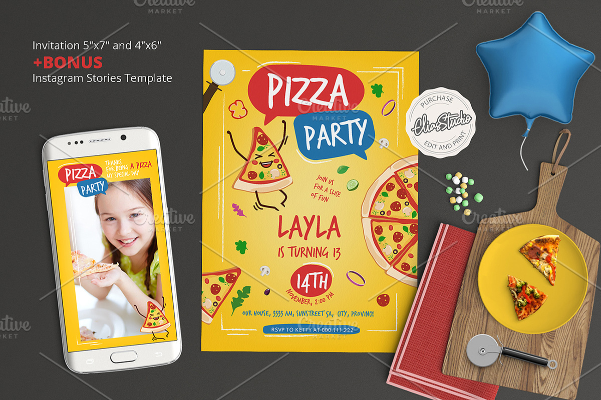 Pizza Birthday Party Invitation, an Invitation Template by El-Studio (Photo 1 of 3)