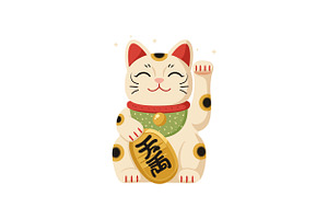 A cheerful lucky cat with a raised p, an Illustration by designvectx