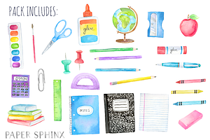 Watercolor School Supplies Art Pack